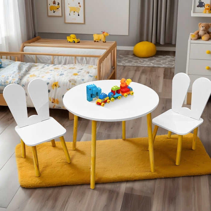 Kindoreli Montessori Kids Table Set – Round Wooden Table with 2 Bunny Chairs
