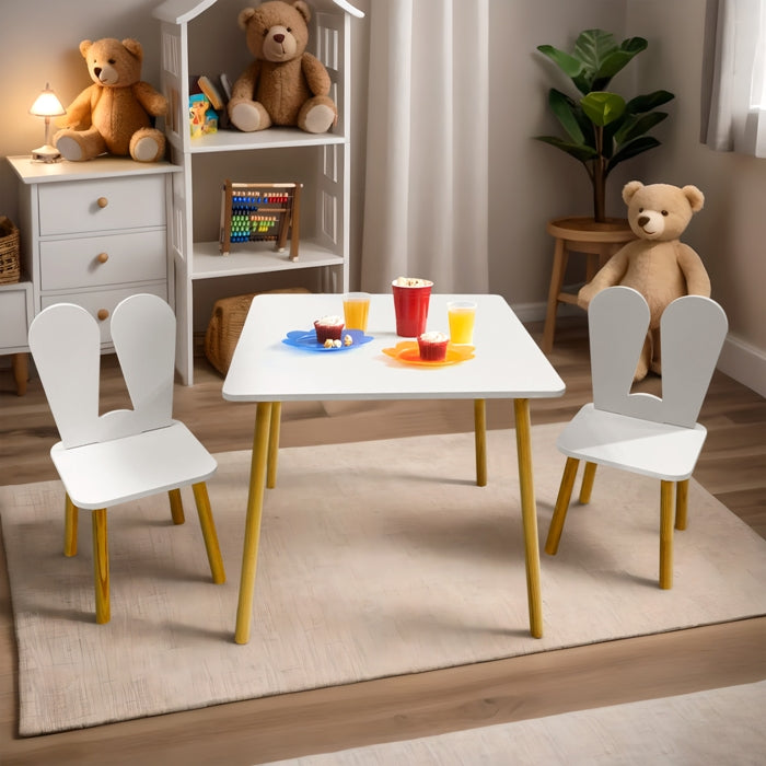 Kindoreli Montessori Kids Table Set – Square Wooden Table with 2 Bunny Chairs