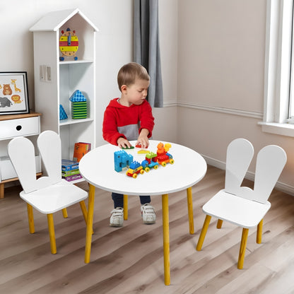 Kindoreli Montessori Kids Table Set – Round Wooden Table with 2 Bunny Chairs