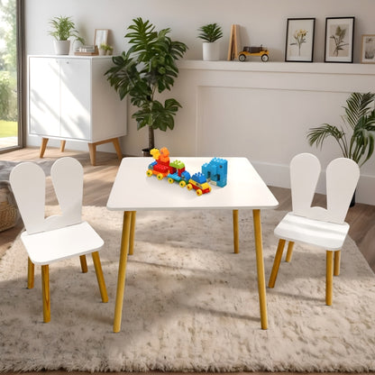 Kindoreli Montessori Kids Table Set – Square Wooden Table with 2 Bunny Chairs