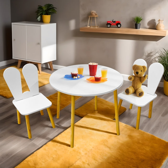 Kindoreli Montessori Kids Table Set – Round Wooden Table with 2 Bunny Chairs
