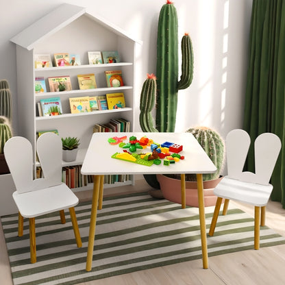 Kindoreli Montessori Kids Table Set – Square Wooden Table with 2 Bunny Chairs