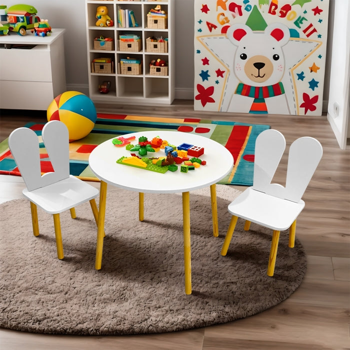 Kindoreli Montessori Kids Table Set – Round Wooden Table with 2 Bunny Chairs
