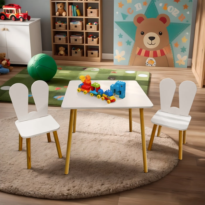 Kindoreli Montessori Kids Table Set – Square Wooden Table with 2 Bunny Chairs