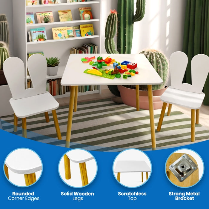 Kindoreli Montessori Kids Table Set – Square Wooden Table with 2 Bunny Chairs