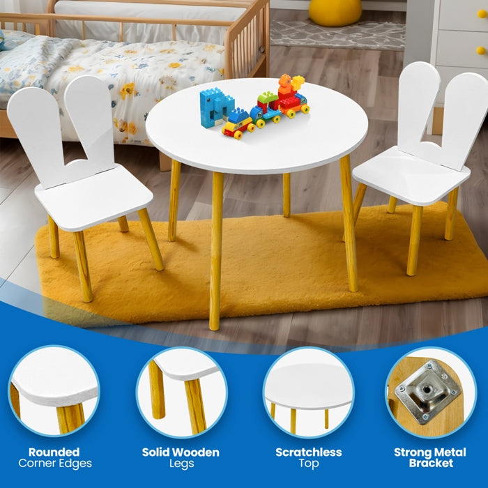 Kindoreli Montessori Kids Table Set – Round Wooden Table with 2 Bunny Chairs