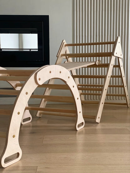 Kindoreli Pikler Triangle Set with Arch and Ramp, Montessori Climbing Gym, Wooden Indoor Playground