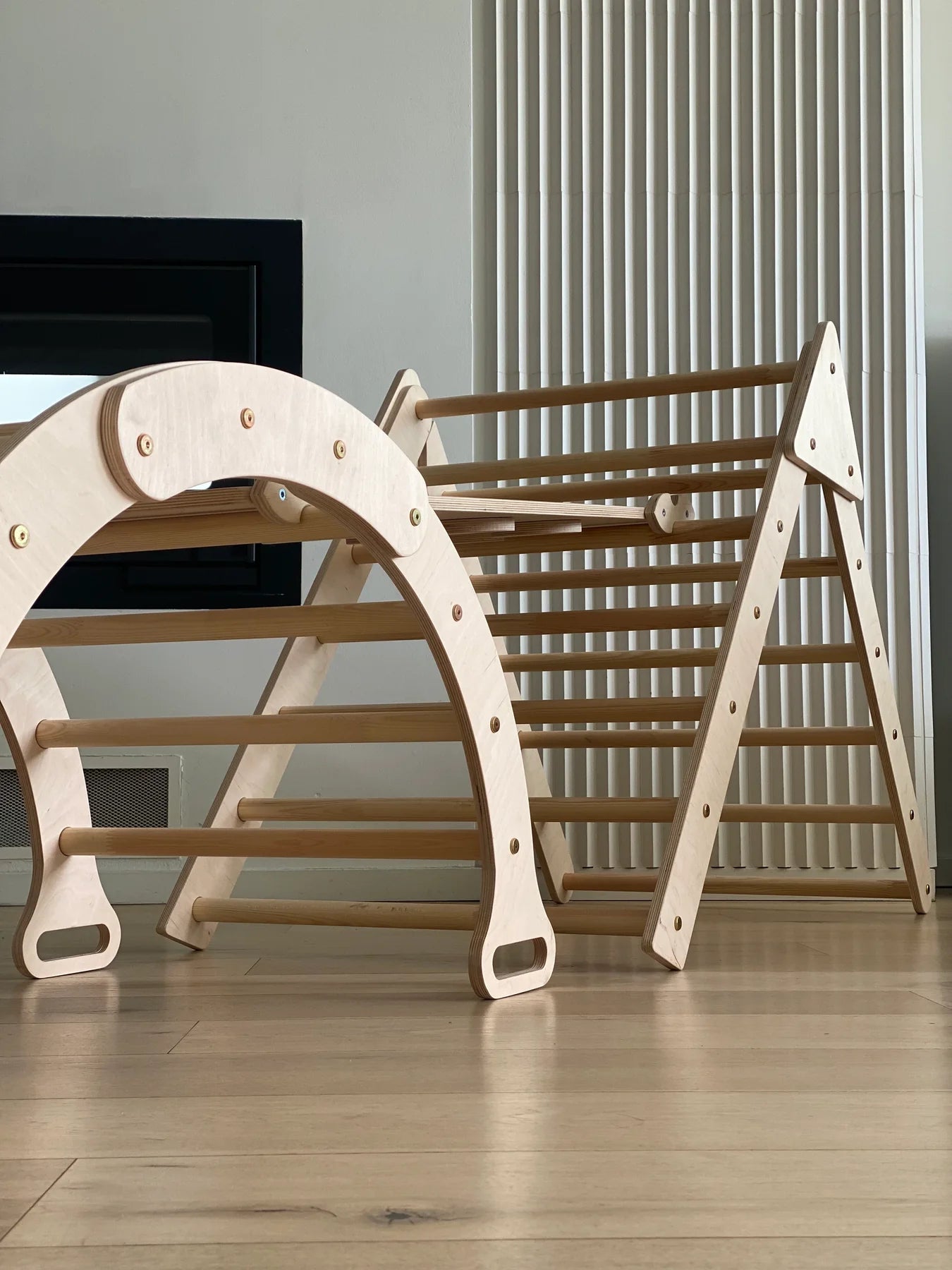Kindoreli Pikler Triangle Set with Arch and Ramp, Montessori Climbing Gym, Wooden Indoor Playground
