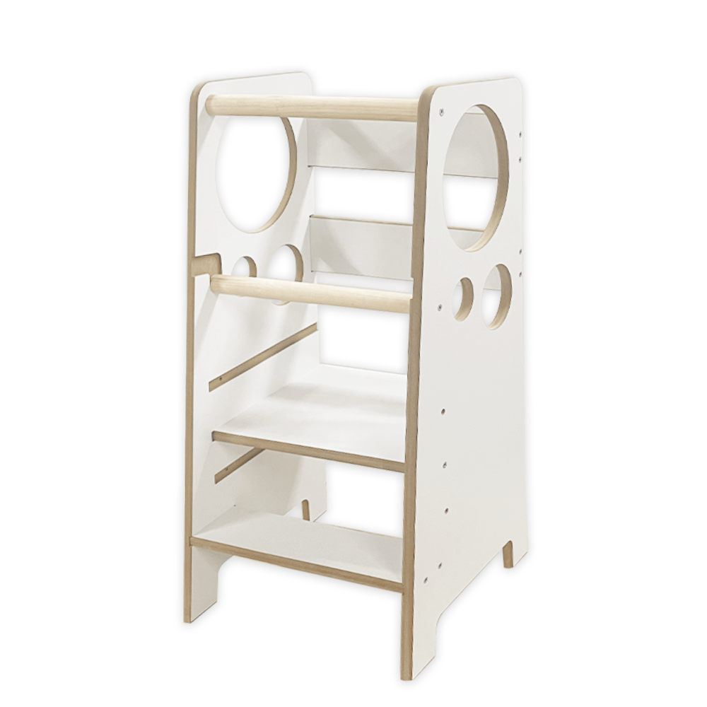 Kindoreli Montessori Learning Tower – White MDF Kitchen Helper for Toddlers with Rounded Edges and Side Circles