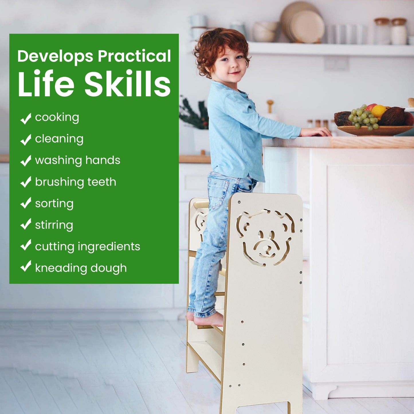 Kindoreli Montessori Learning Tower with Bears, Kitchen Helper, Toddler Step Stool, Lernturm