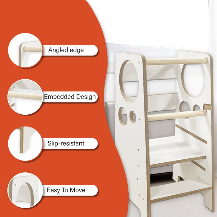 Kindoreli Montessori Learning Tower & Kitchen Helper – White MDF, Adjustable Height
