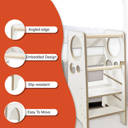 Kindoreli Montessori Learning Tower & Kitchen Helper – White MDF, Adjustable Height