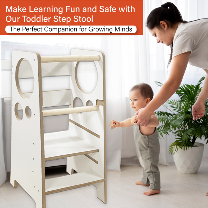 Kindoreli Montessori Learning Tower & Kitchen Helper – White MDF, Adjustable Height