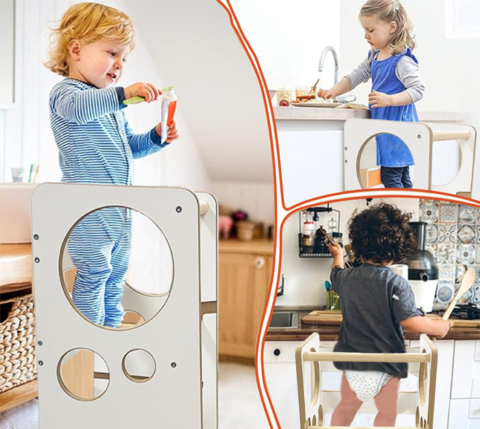 Kindoreli Montessori Learning Tower & Kitchen Helper – White MDF, Adjustable Height