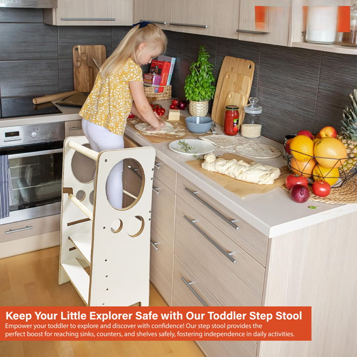 Kindoreli Montessori Learning Tower & Kitchen Helper – White MDF, Adjustable Height