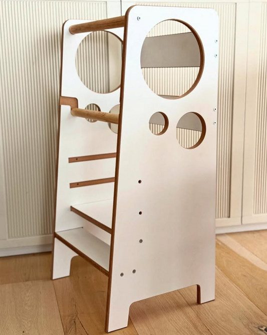 Kindoreli Montessori Learning Tower & Kitchen Helper – White MDF, Adjustable Height